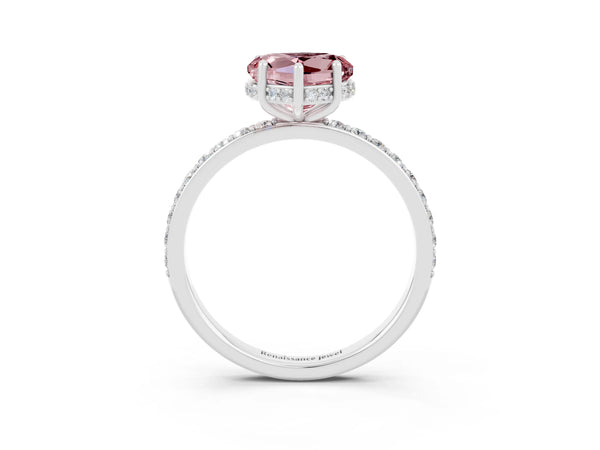 White gold Heart Cut Morganite Solitaire Ring with Pavé Band and Hidden Halo