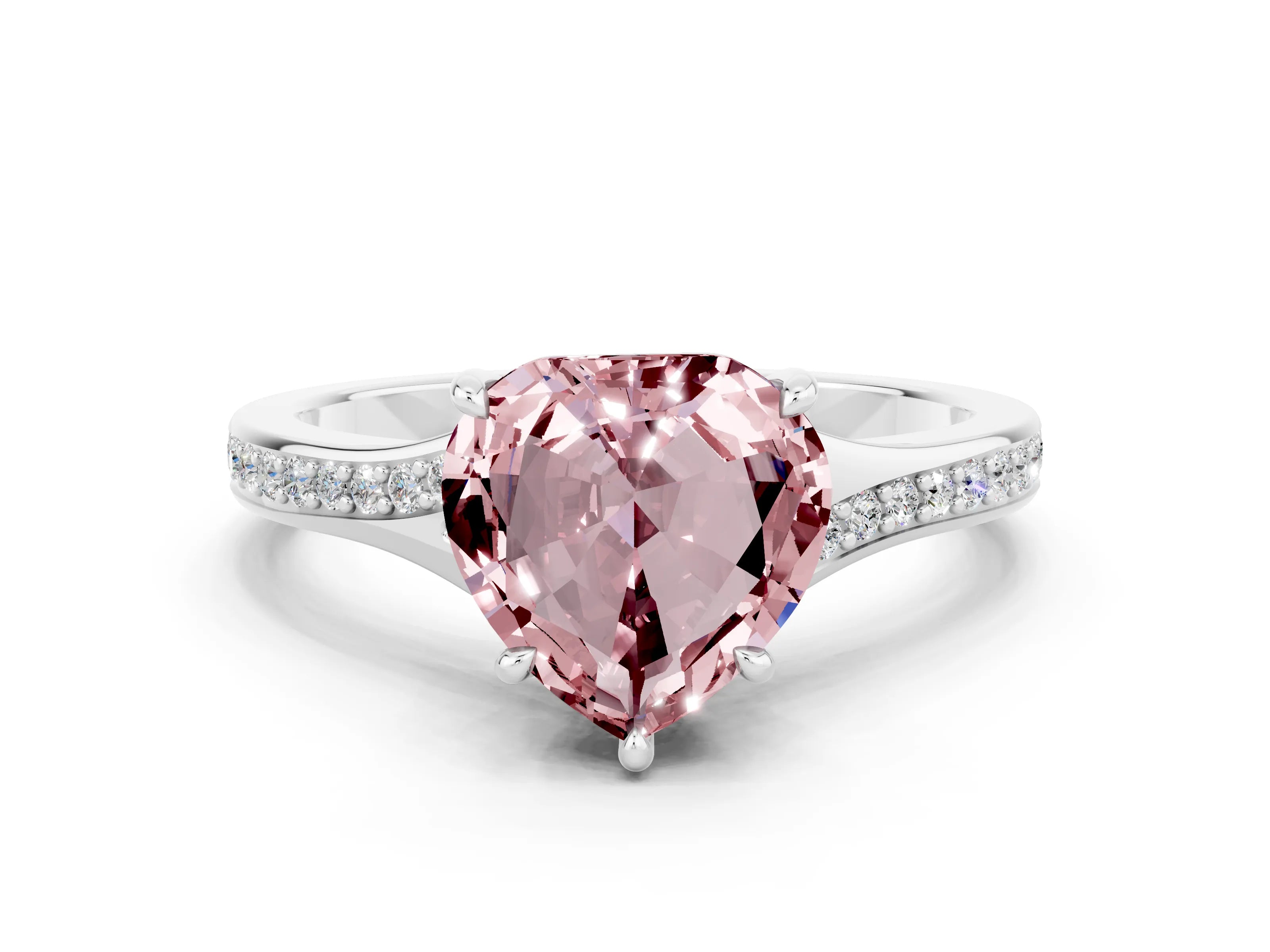White gold Heart Cut Morganite Solitaire Ring with Pavé Band and Prong Setting