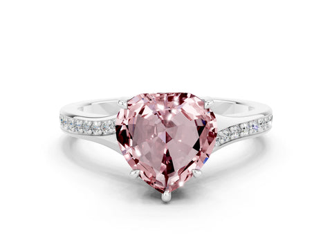 White gold Heart Cut Morganite Solitaire Ring with Pavé Band and Prong Setting
