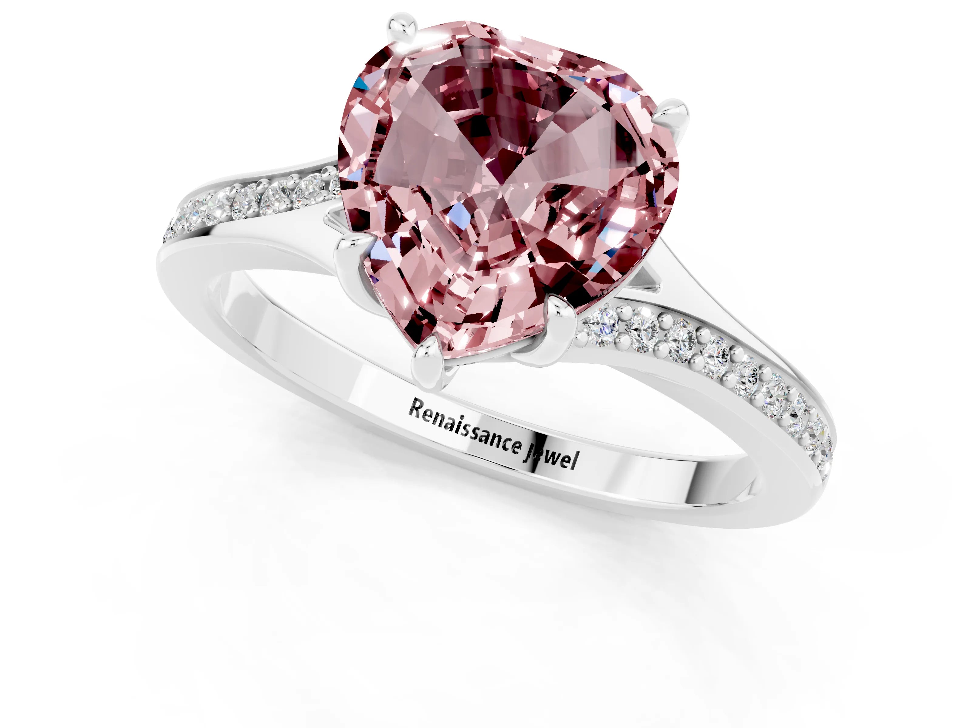 White gold Heart Cut Morganite Solitaire Ring with Pavé Band and Prong Setting_1