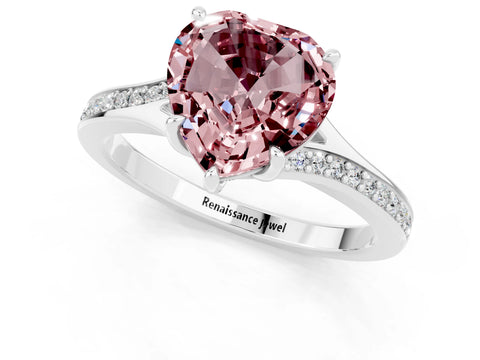 White gold Heart Cut Morganite Solitaire Ring with Pavé Band and Prong Setting_1