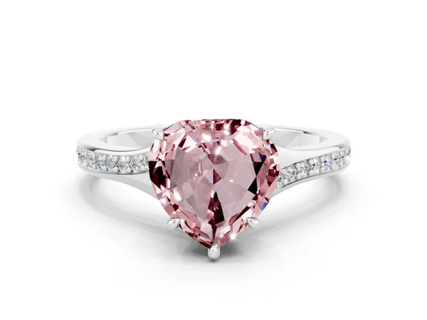 White gold Heart Cut Morganite Solitaire Ring with Pavé Band and Prong Setting