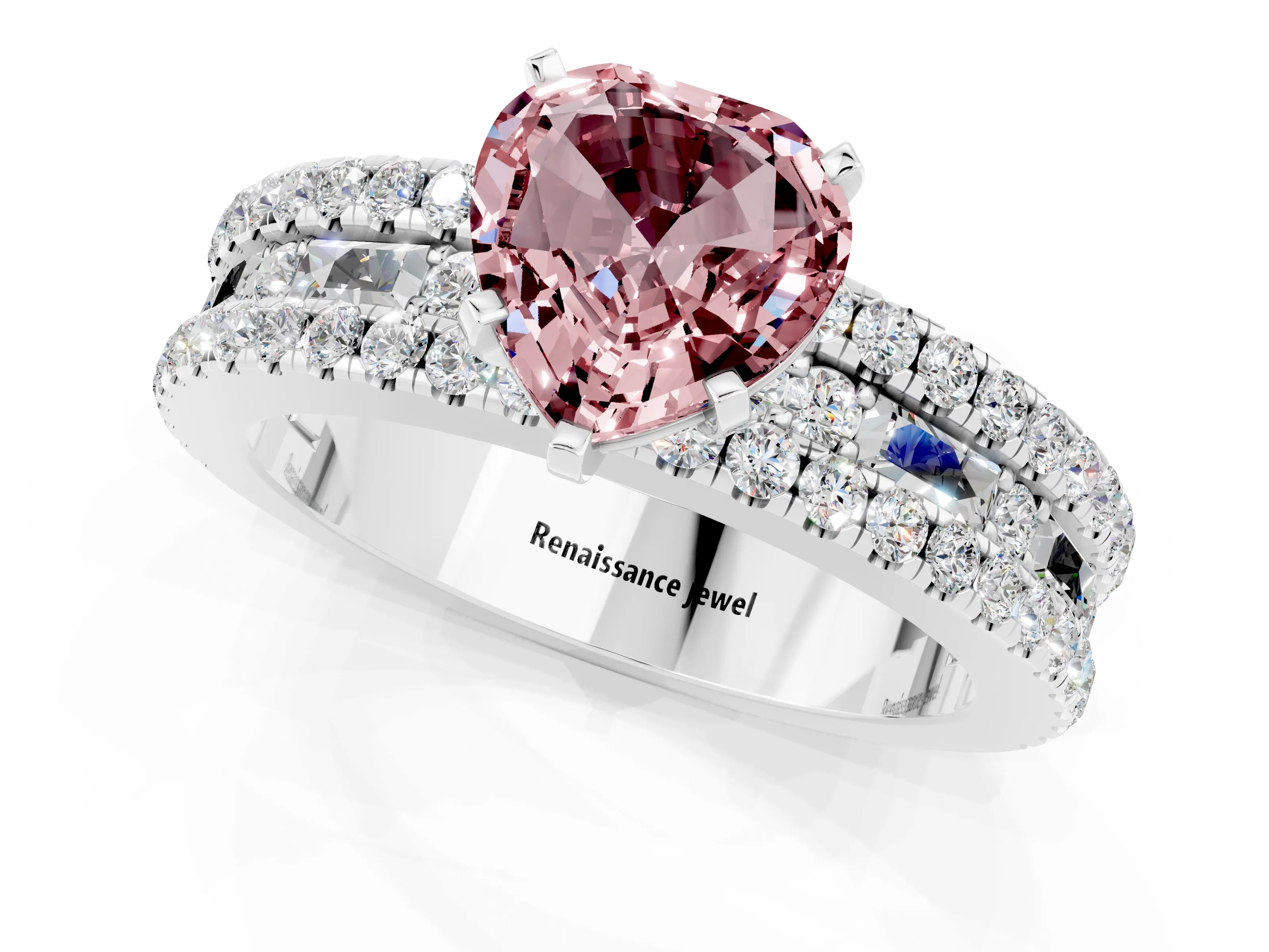 White gold Heart Cut Morganite Solitaire Ring with Pavé and Channel Set Band_1