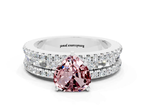 White gold Heart Cut Morganite Solitaire Ring with Pavé and Channel Set Band