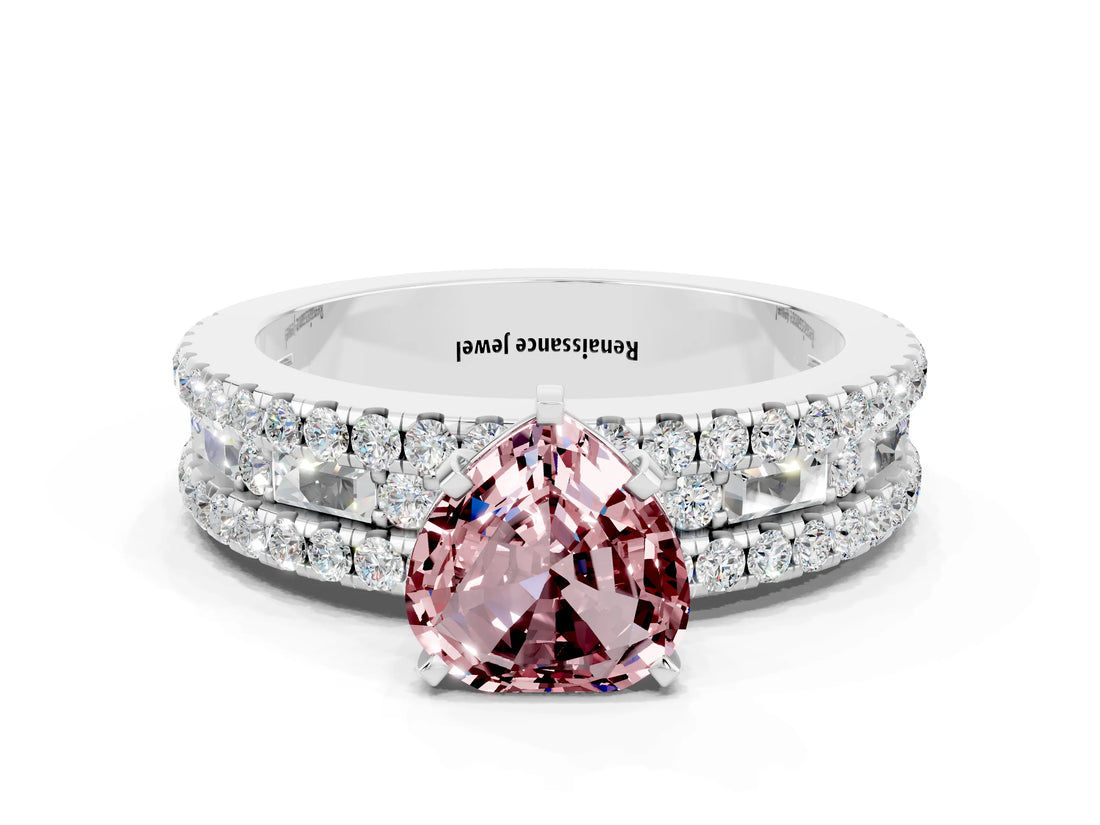 White gold Heart Cut Morganite Solitaire Ring with Pavé and Channel Set Band