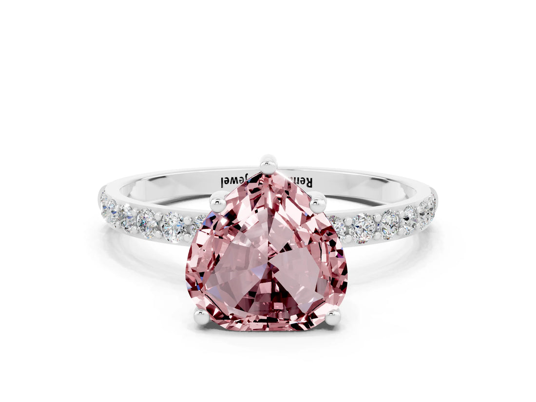 White gold Heart Cut Morganite Solitaire Ring with Pave Band and Four Prong Setting_24