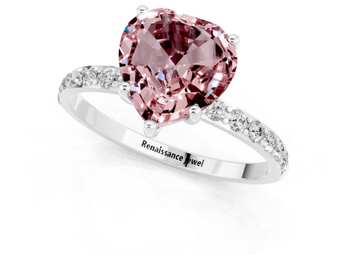 White gold Heart Cut Morganite Solitaire Ring with Pave Band and Four Prong Setting_25