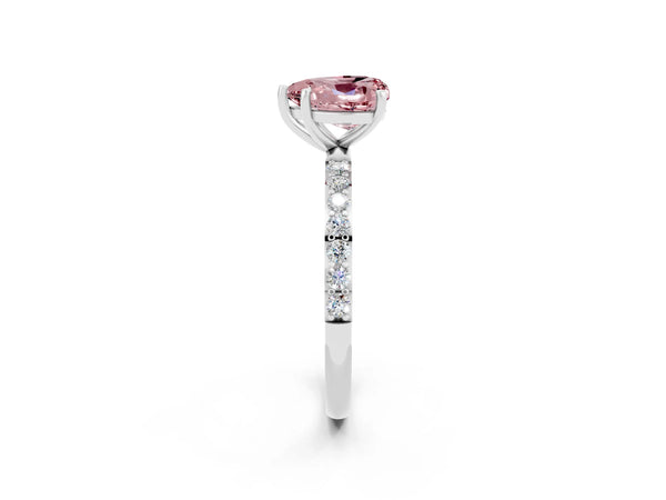 Platinum Heart Cut Morganite Solitaire Ring with Round  Pavé Band and Prong Setting