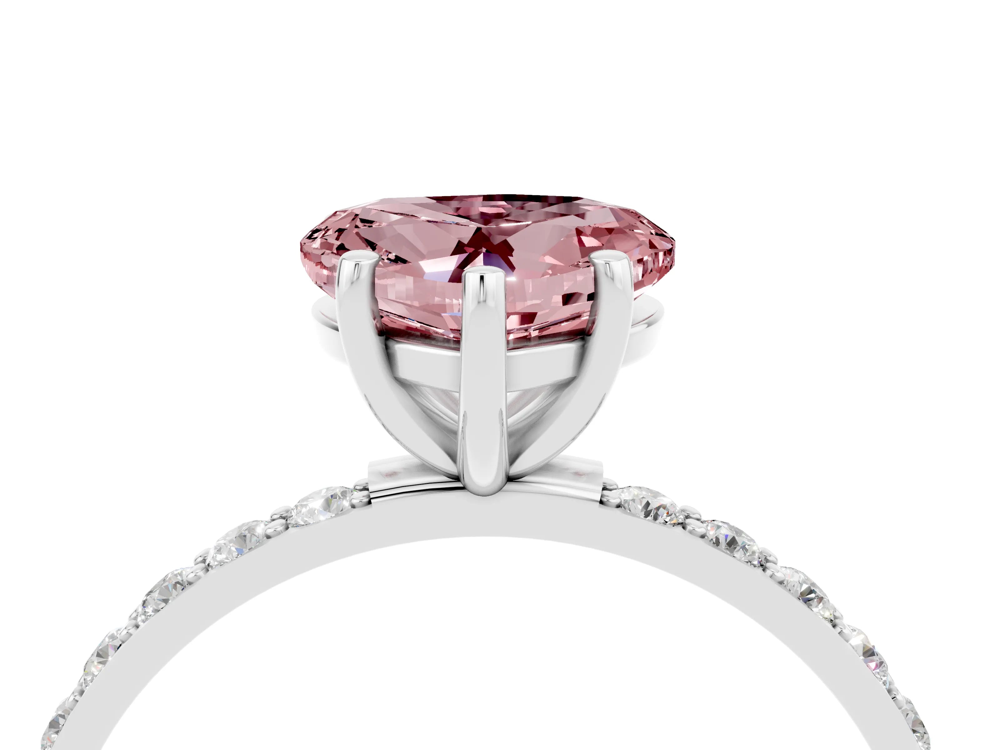 White gold Heart Cut Morganite Solitaire Ring with Pave Band and Four Prong Setting_28