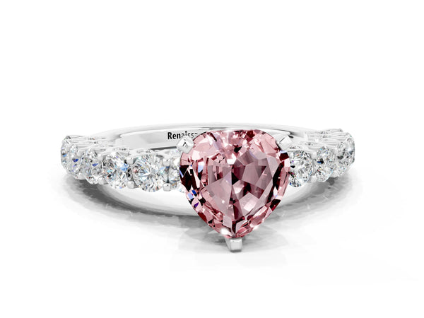 Platinum Heart Cut Morganite Solitaire Ring with Shared Prong Pavé Band and Four-Prong Setting