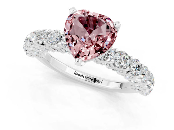 Platinum Heart Cut Morganite Solitaire Ring with Shared Prong Pavé Band and Four-Prong Setting