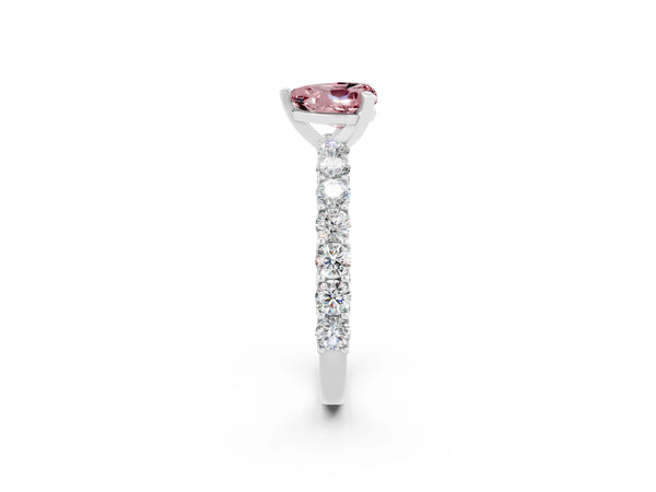 White gold Heart Cut Morganite Solitaire Ring with Shared Prong Pavé Band and Four-Prong Setting