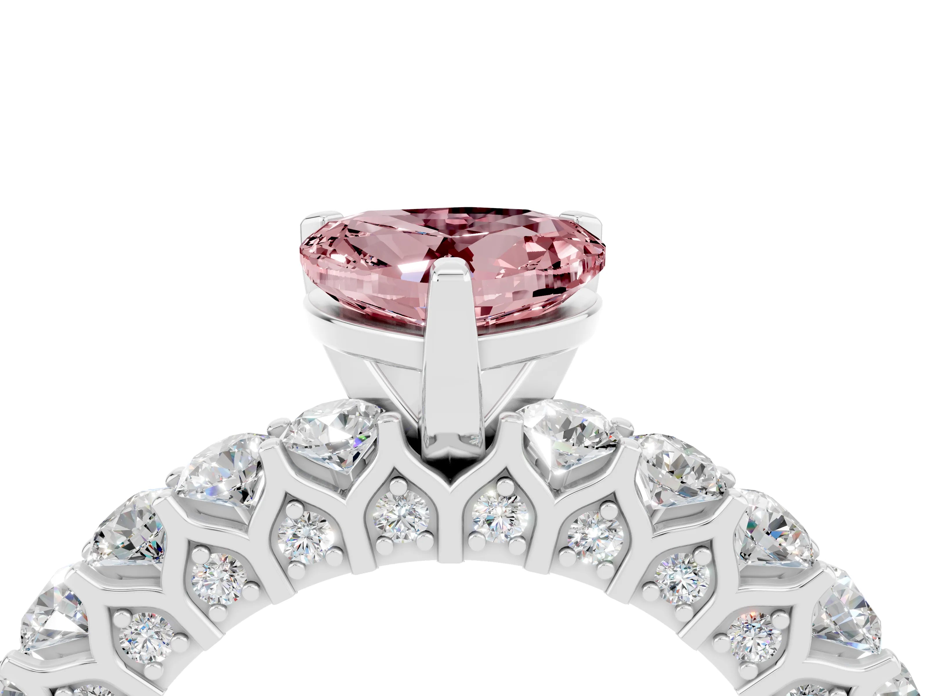 White gold Heart Cut Morganite Solitaire Ring with Shared Prong Pavé Band and Four-Prong Setting_16