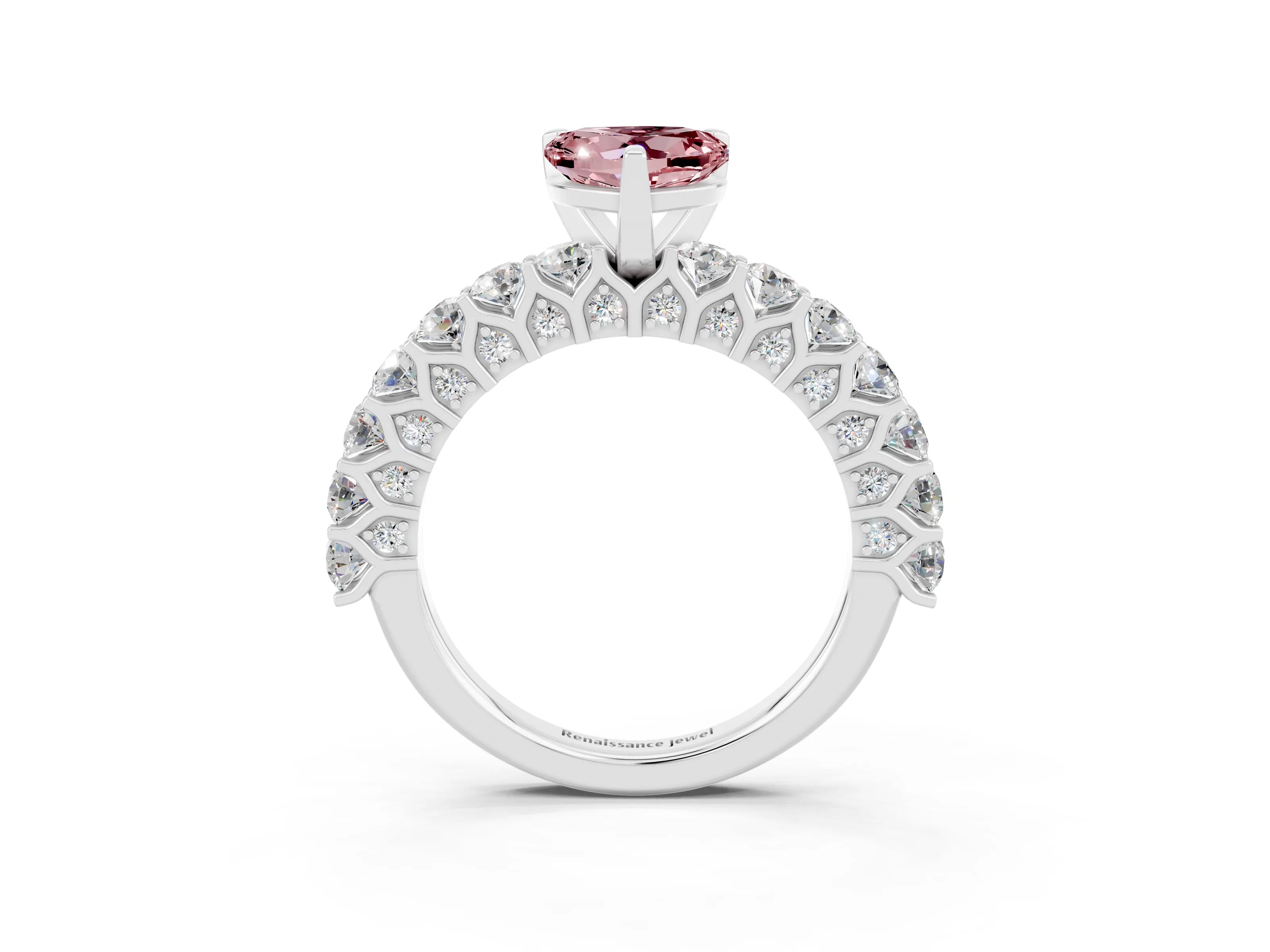 White gold Heart Cut Morganite Solitaire Ring with Shared Prong Pavé Band and Four-Prong Setting_3