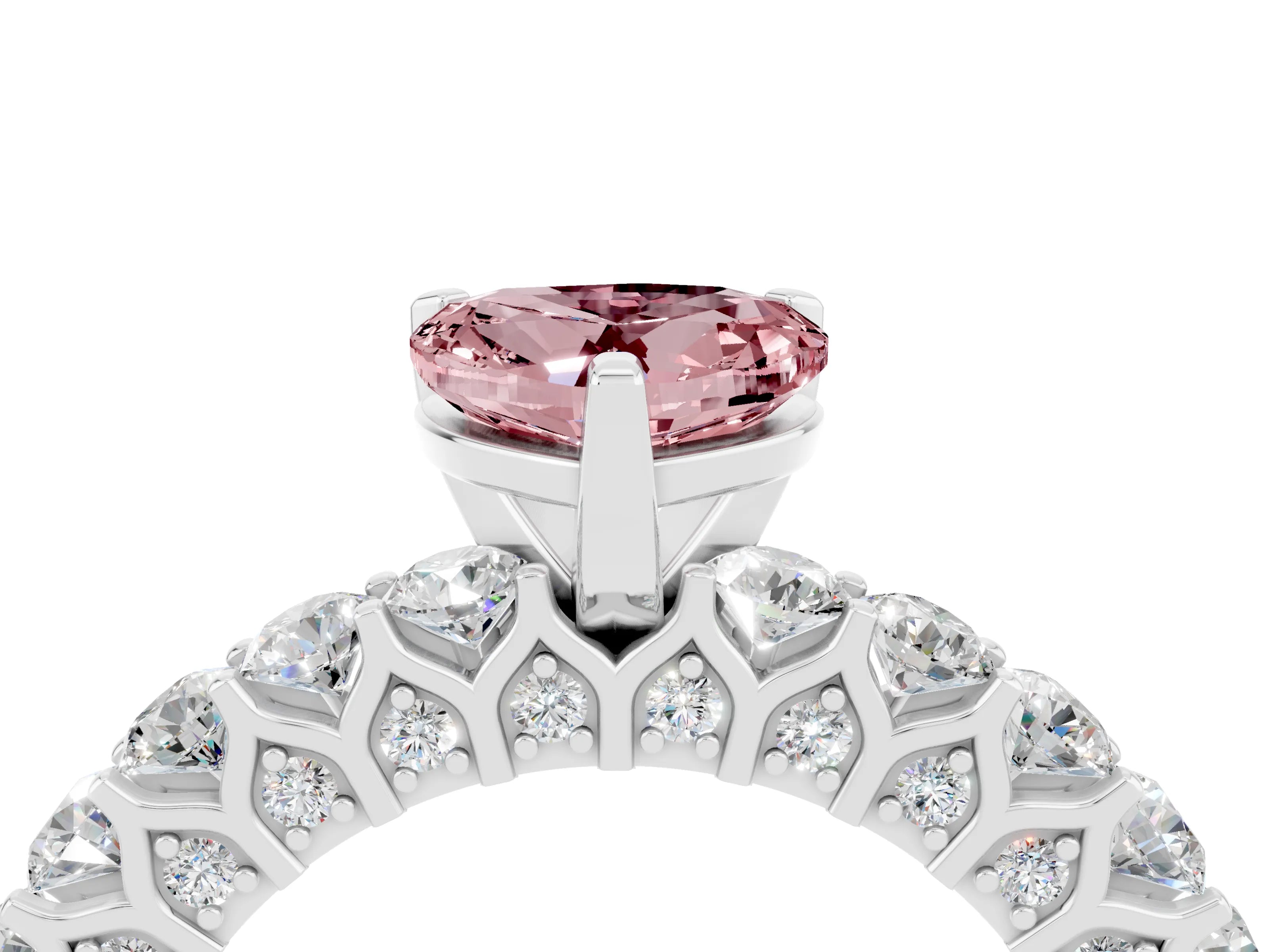 White gold Heart Cut Morganite Solitaire Ring with Shared Prong Pavé Band and Four-Prong Setting_4