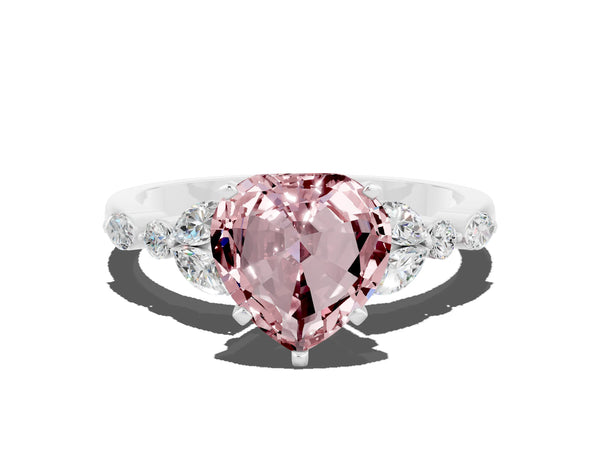 Silver Heart Cut Morganite Solitaire Ring with Side Stones and Four-Prong Setting