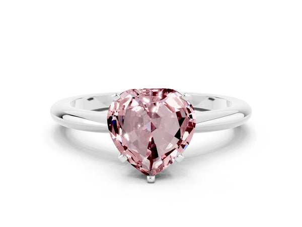 Platinum Heart Cut Morganite Solitaire Ring with Six-Prong Setting and Classic Band