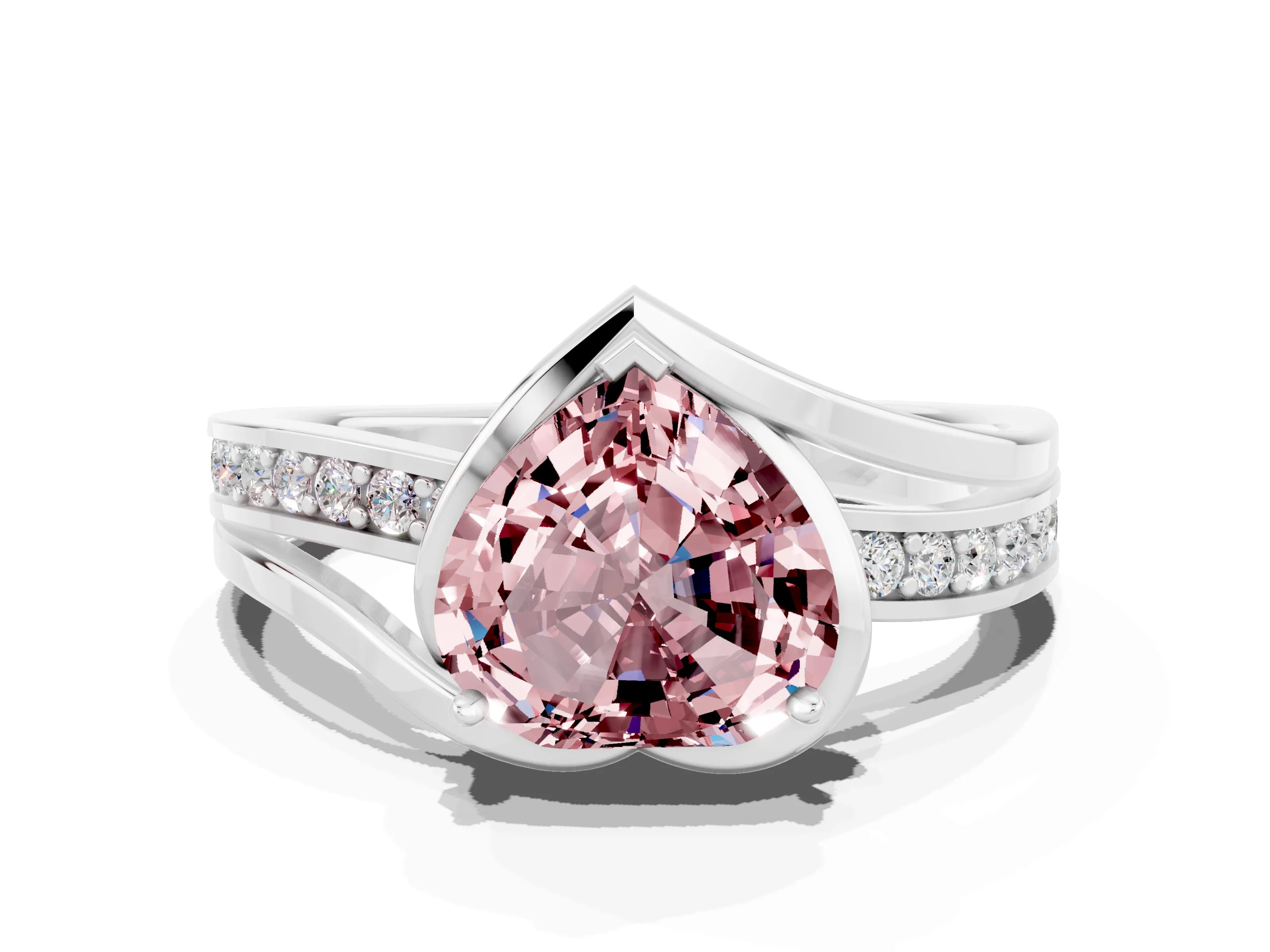 White gold Heart Cut Morganite Solitaire Ring with Split Shank and Prong Setting