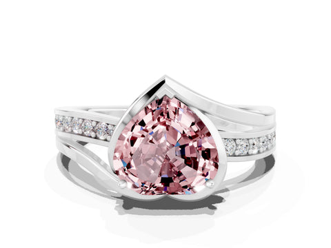 White gold Heart Cut Morganite Solitaire Ring with Split Shank and Prong Setting