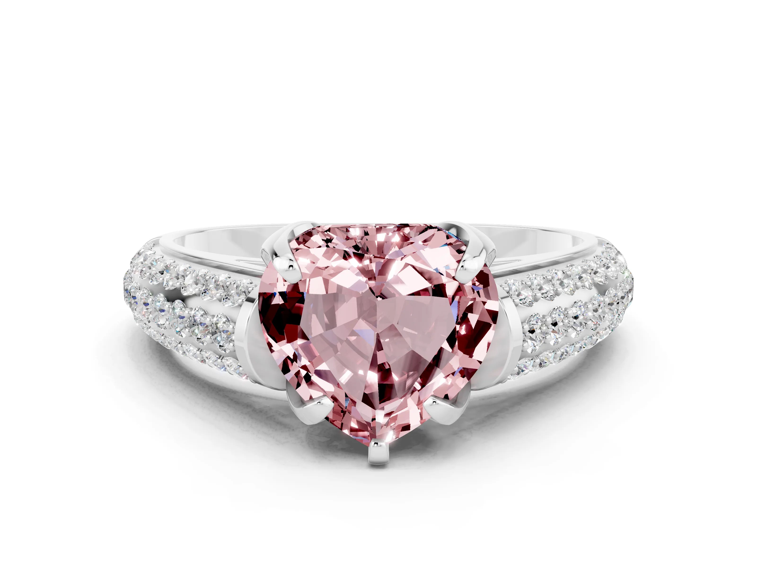 White gold Heart Cut Morganite Solitaire Ring with Three-Row Pavé Band and Four-Prong Setting_12