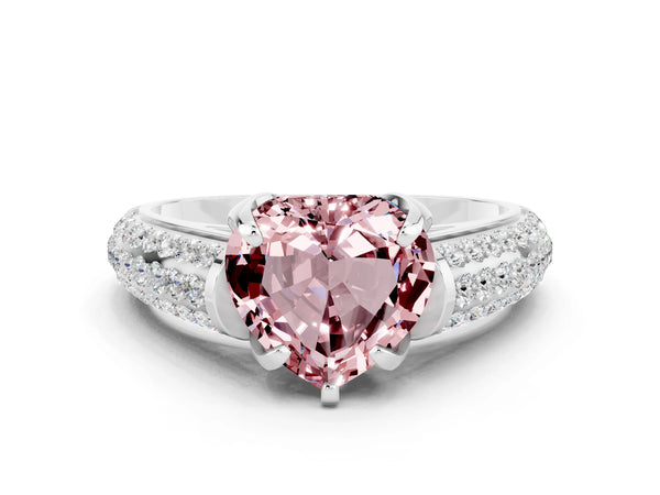Platinum Heart Cut Morganite Solitaire Ring with Three-Row Pavé Band and Four-Prong Setting