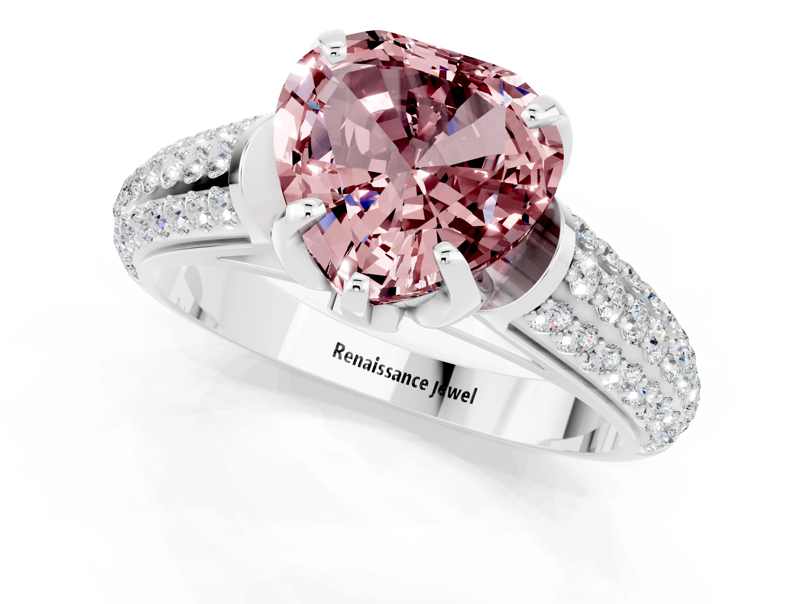 White gold Heart Cut Morganite Solitaire Ring with Three-Row Pavé Band and Four-Prong Setting_13