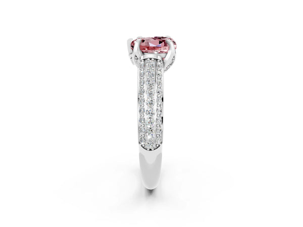 Silver Heart Cut Morganite Solitaire Ring with Three-Row Pavé Band and Four-Prong Setting