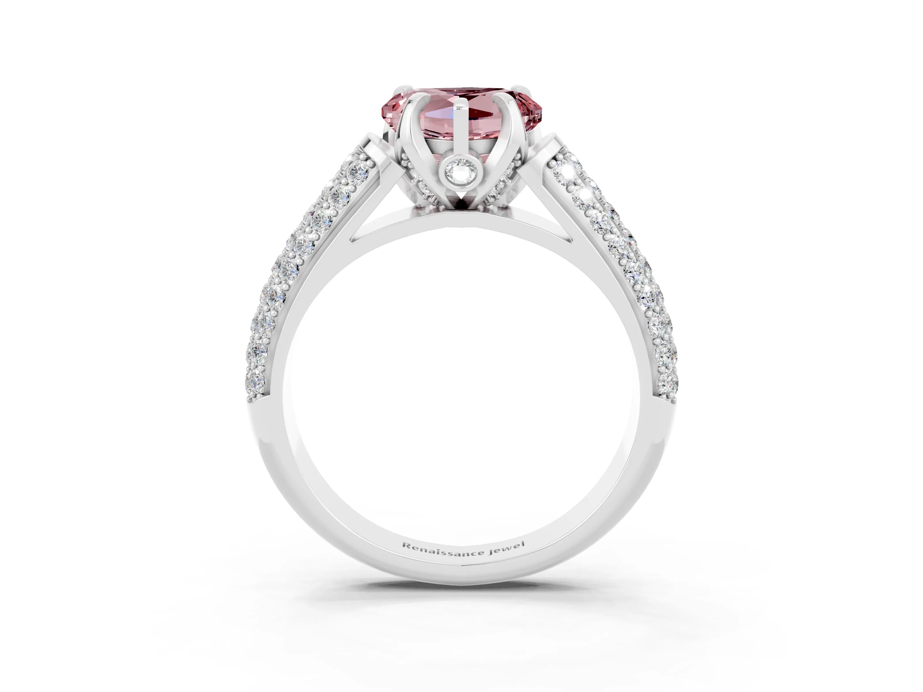 White gold Heart Cut Morganite Solitaire Ring with Three-Row Pavé Band and Four-Prong Setting_15