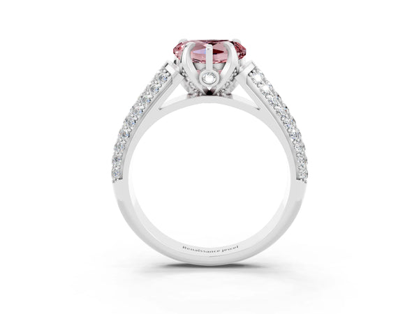 Silver Heart Cut Morganite Solitaire Ring with Three-Row Pavé Band and Four-Prong Setting