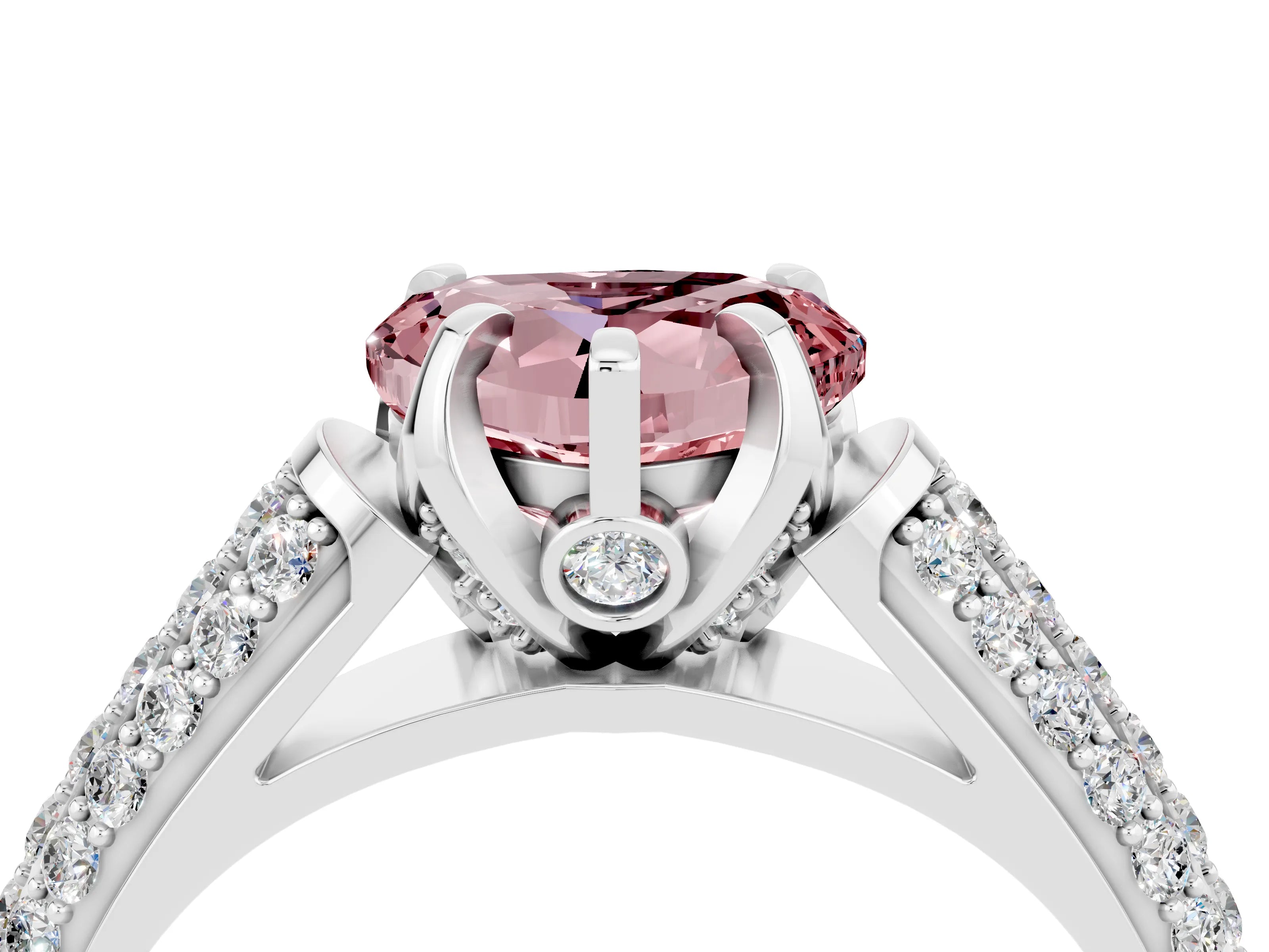White gold Heart Cut Morganite Solitaire Ring with Three-Row Pavé Band and Four-Prong Setting_16