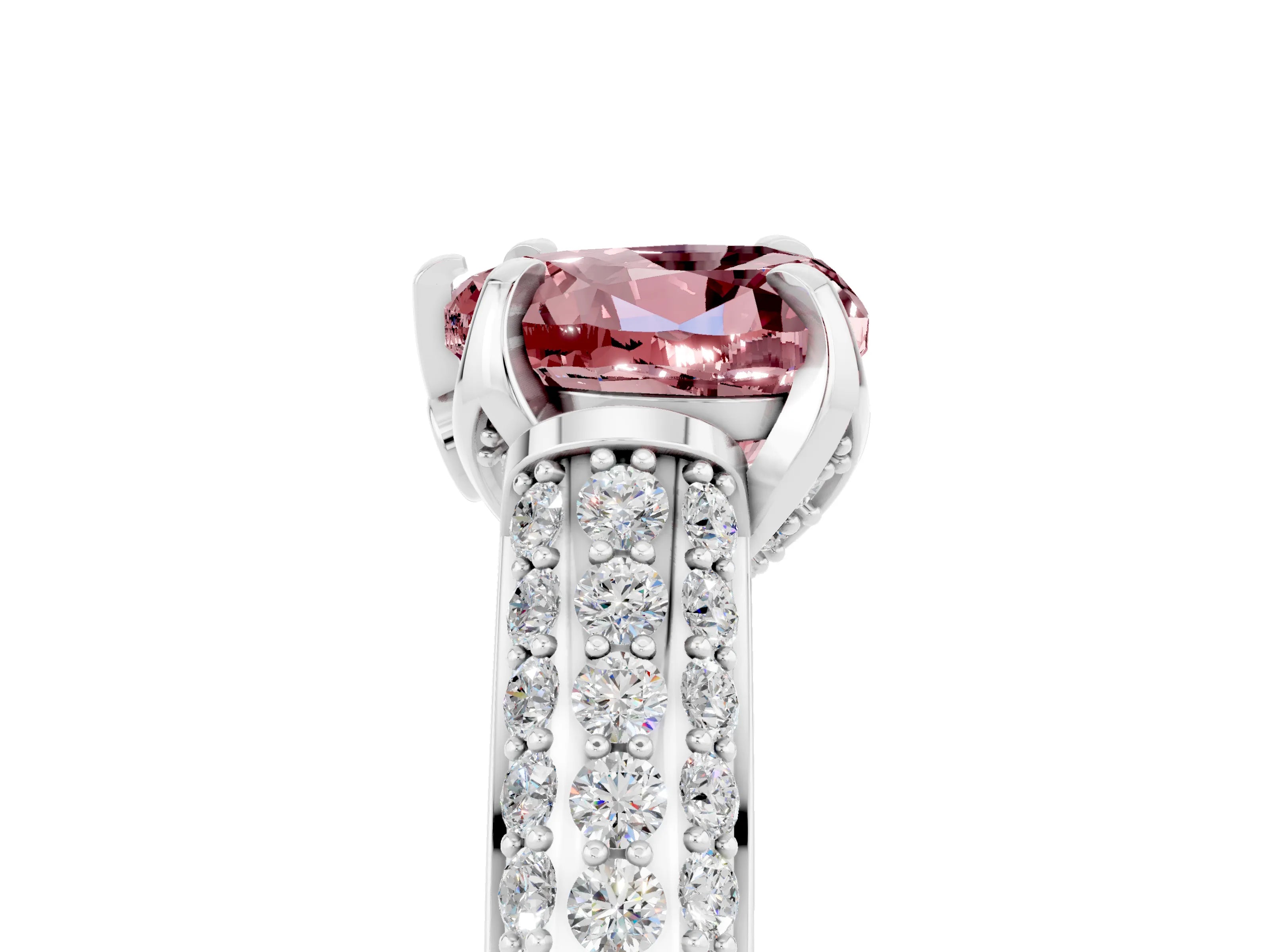 White gold Heart Cut Morganite Solitaire Ring with Three-Row Pavé Band and Four-Prong Setting_17