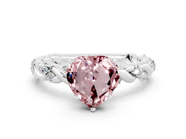 Platinum Heart Cut Morganite Solitaire Ring with Twisted Band and Pavé Accents