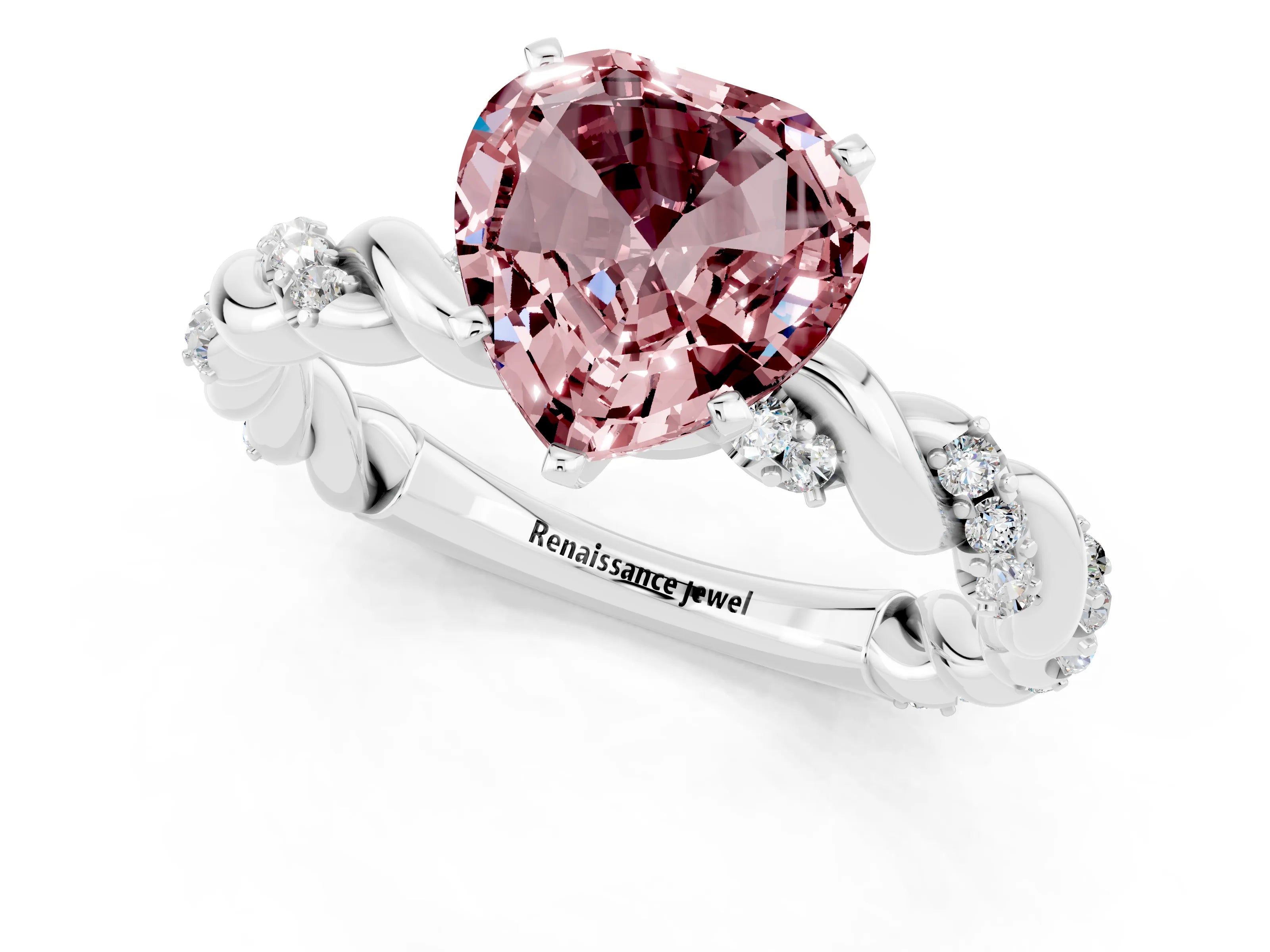 White gold Heart Cut Morganite Solitaire Ring with Twisted Band and Pavé Accents_1