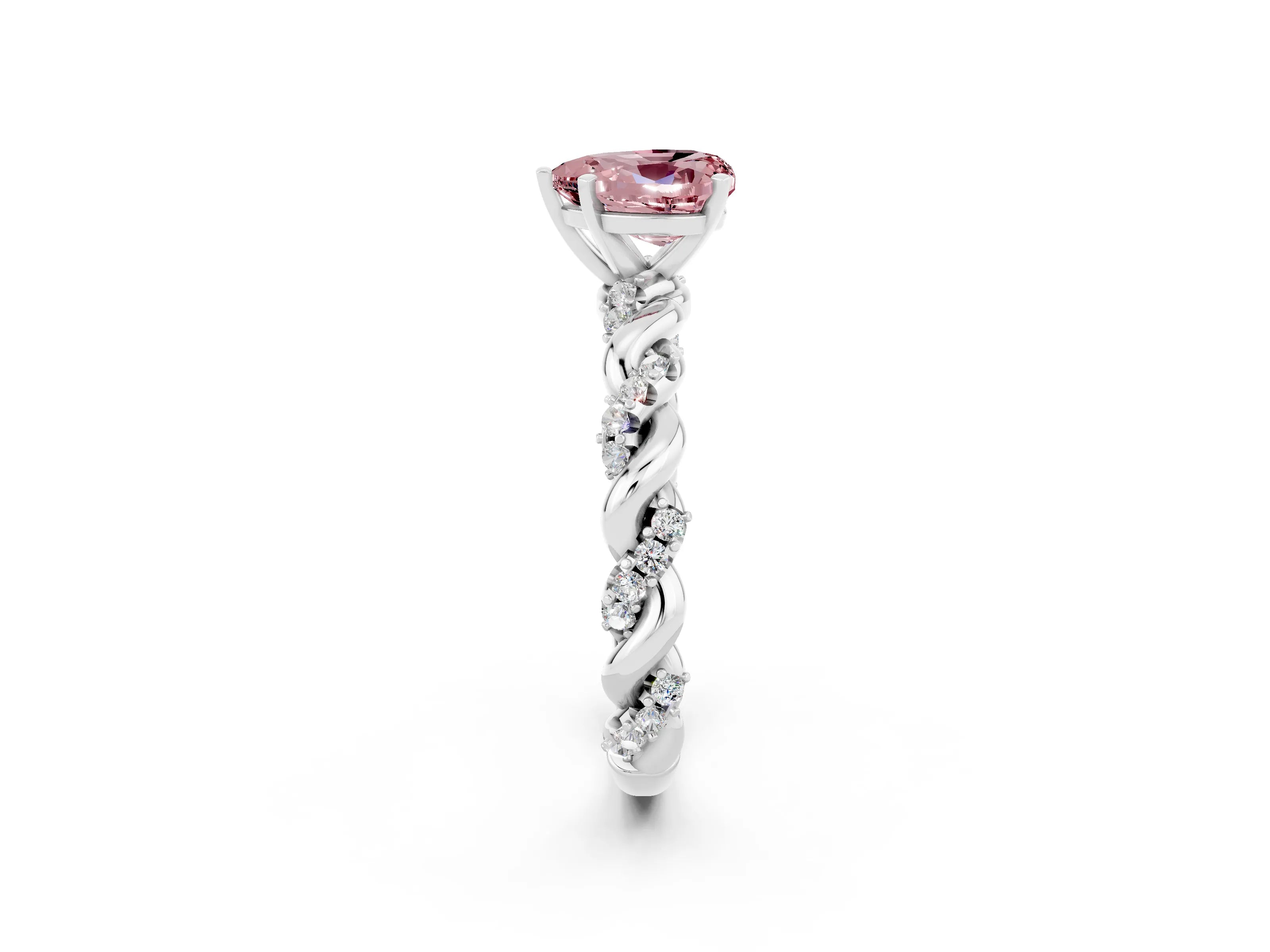 White gold Heart Cut Morganite Solitaire Ring with Twisted Band and Pavé Accents_2