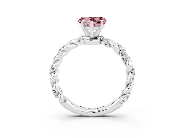 White gold Heart Cut Morganite Solitaire Ring with Twisted Band and Pavé Accents