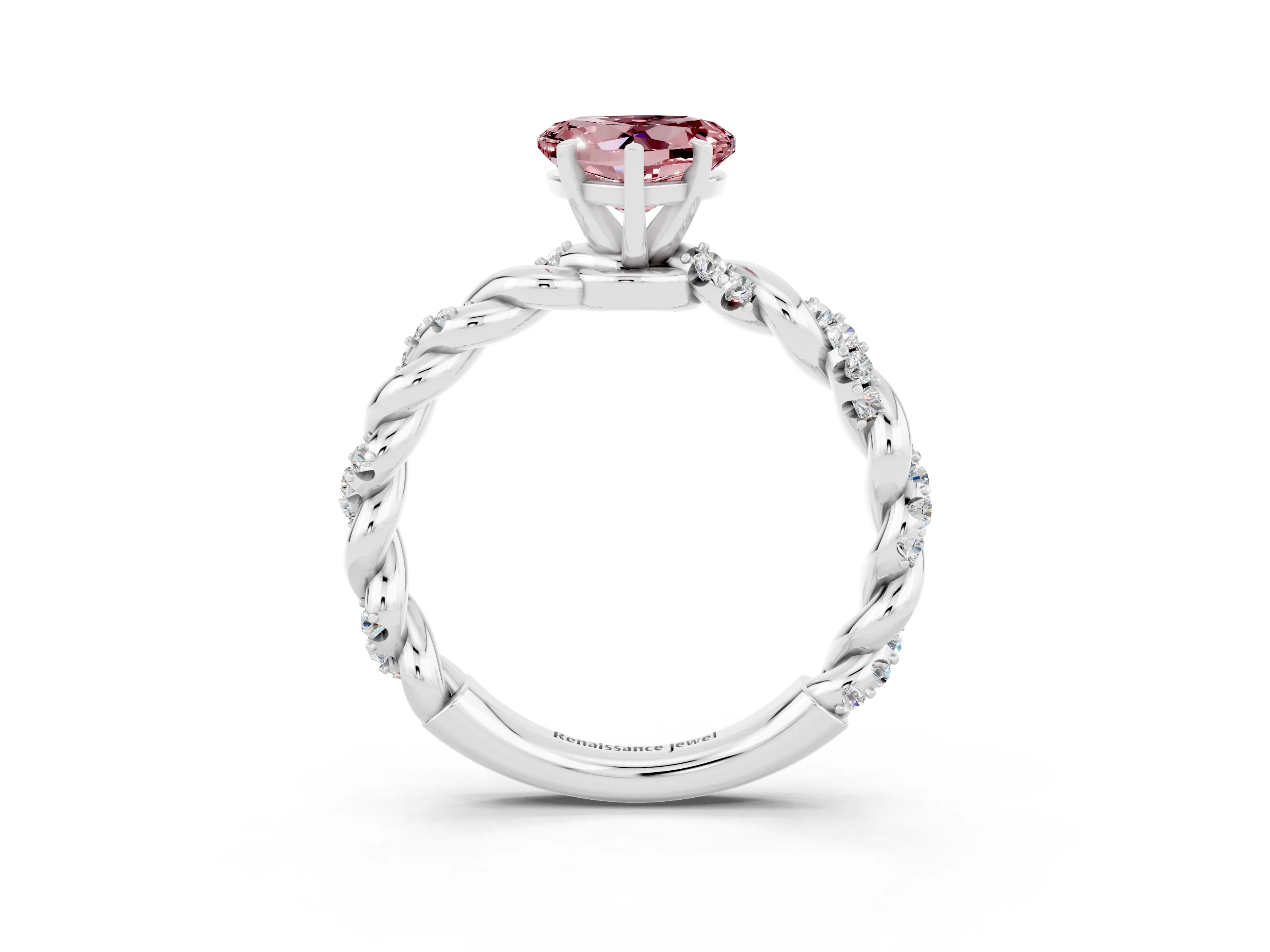 White gold Heart Cut Morganite Solitaire Ring with Twisted Band and Pavé Accents_3
