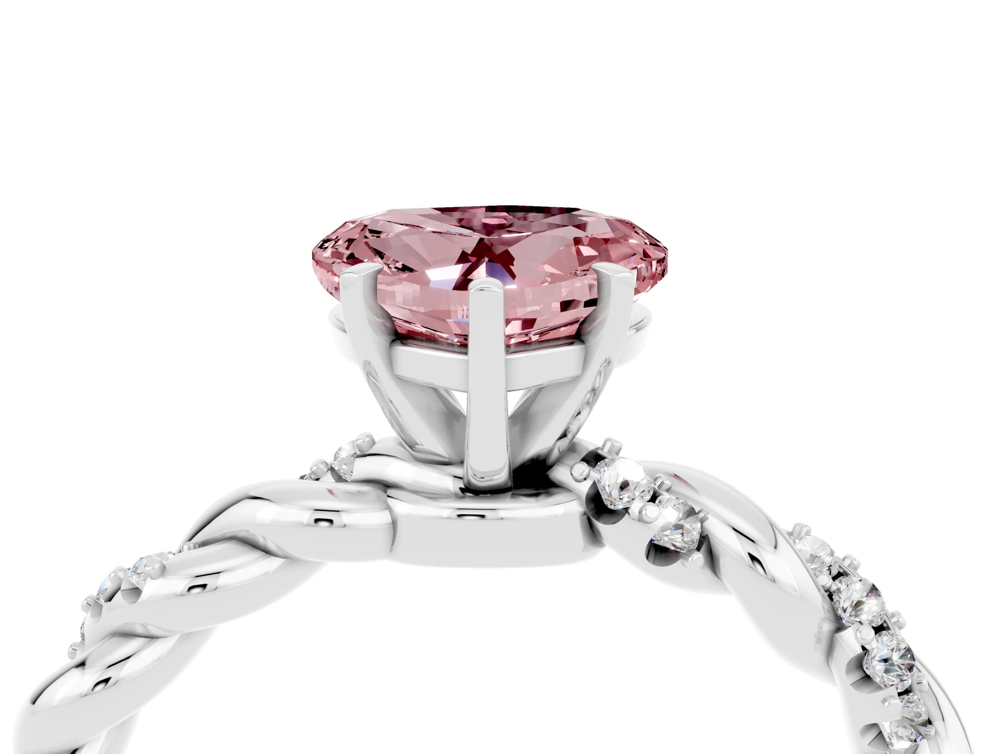White gold Heart Cut Morganite Solitaire Ring with Twisted Band and Pavé Accents_4