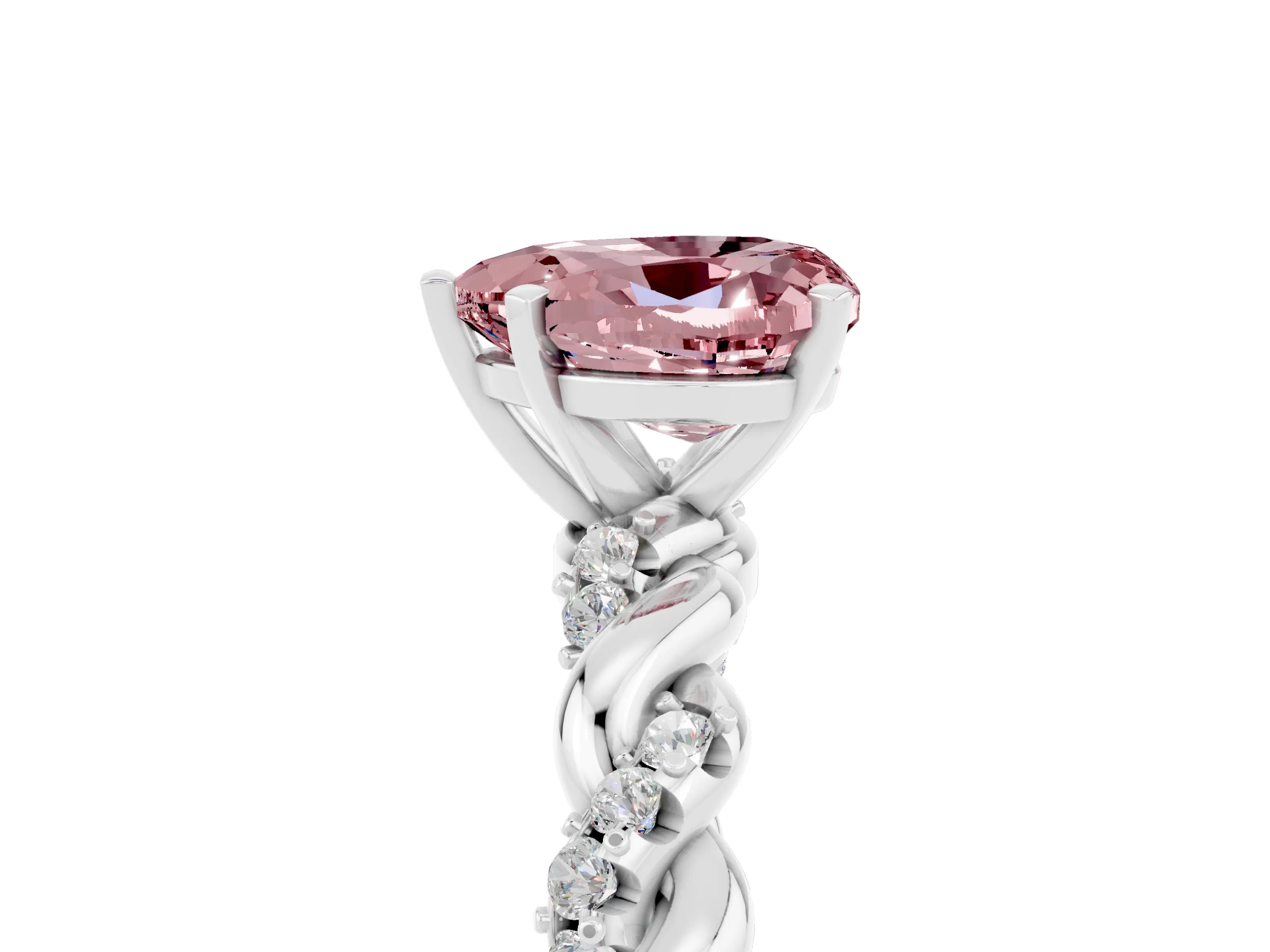 White gold Heart Cut Morganite Solitaire Ring with Twisted Band and Pavé Accents_5