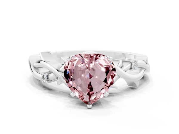 White gold Heart Cut Morganite Solitaire Ring with Twisted Band and Prong Setting