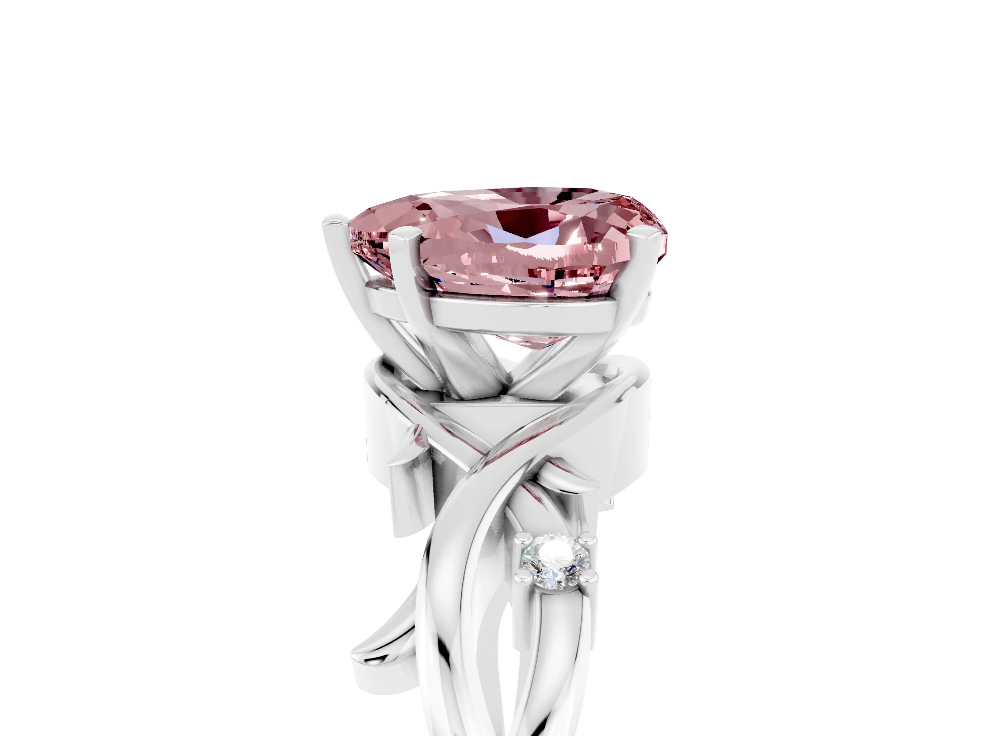 White gold Heart Cut Morganite Solitaire Ring with Twisted Band and Prong Setting_17