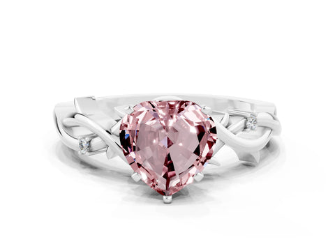 White gold Heart Cut Morganite Solitaire Ring with Twisted Band and Prong Setting