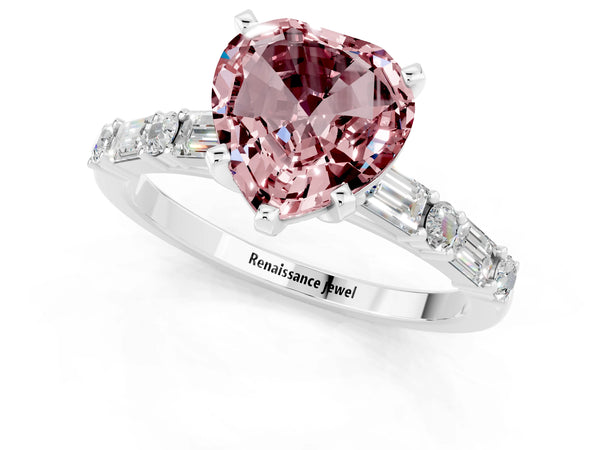 Platinum Heart Cut Morganite Solitaire with Side Baguettes and Channel Set Band