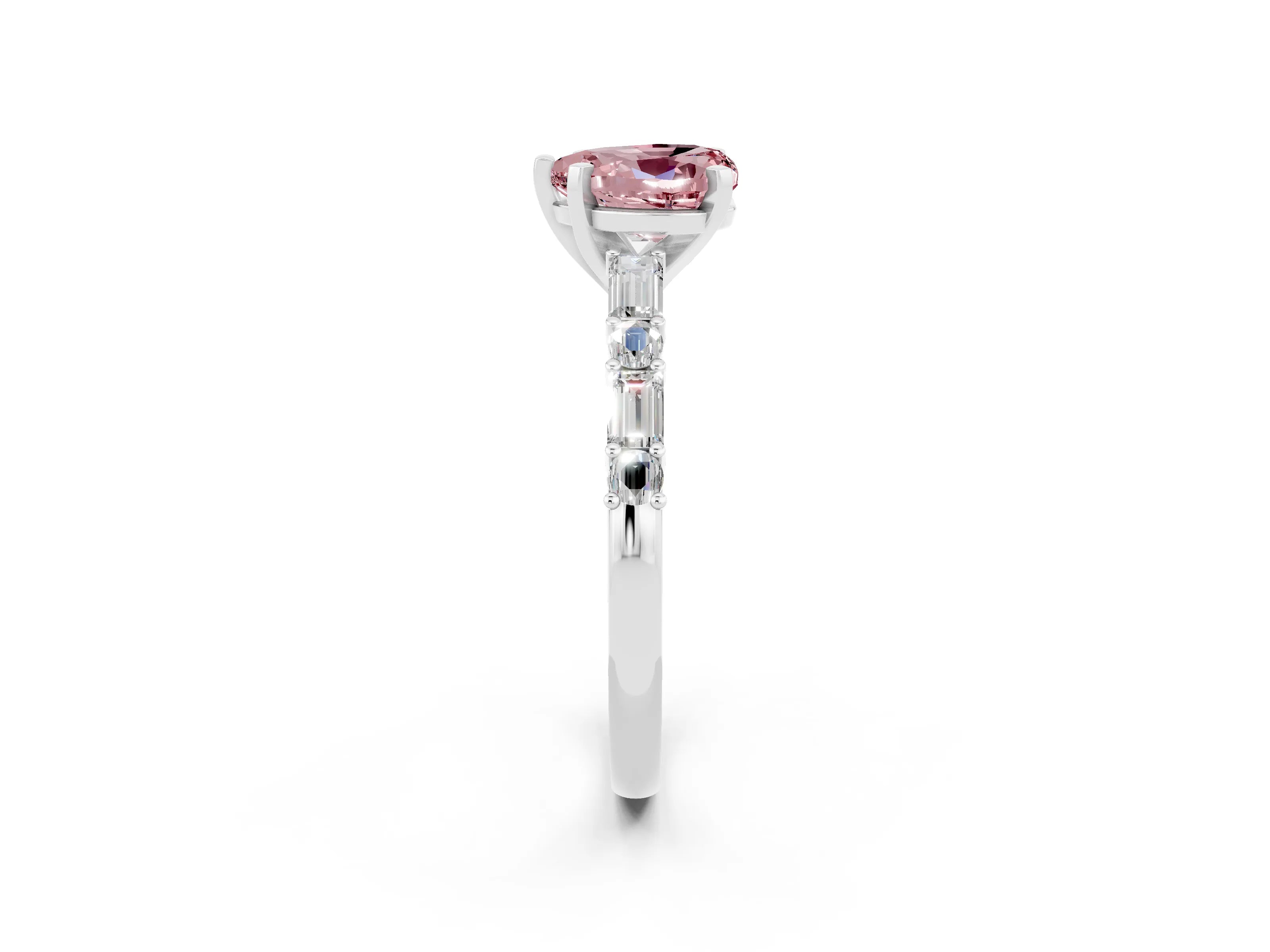 White gold Heart Cut Morganite Solitaire with Side Baguettes and Channel Set Band_2