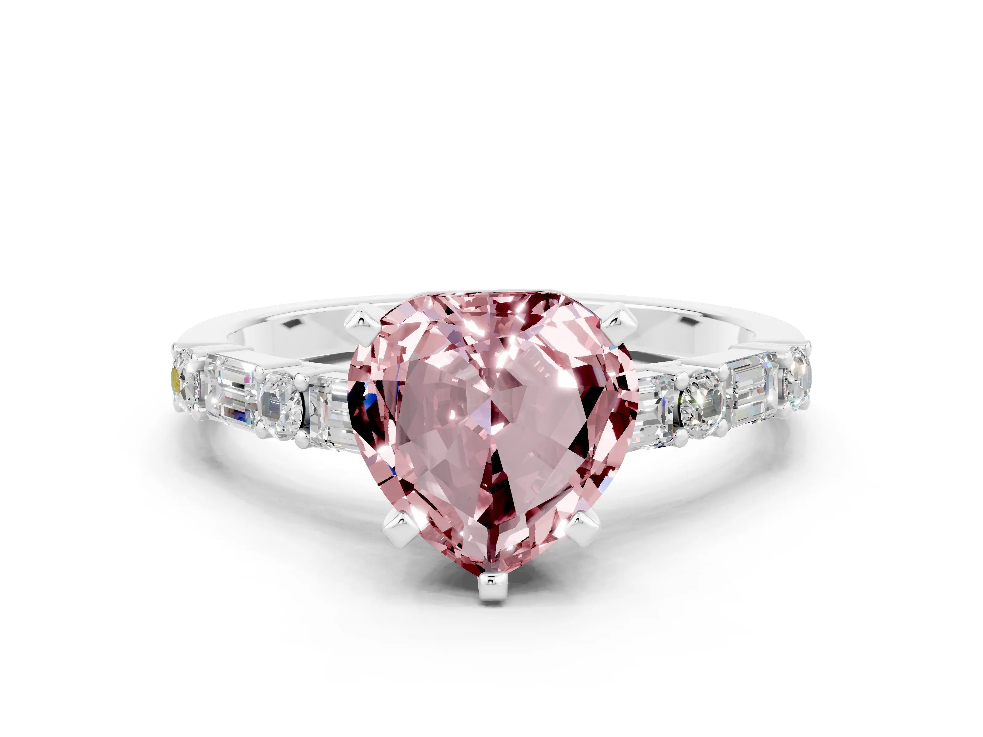 White gold Heart Cut Morganite Solitaire with Side Baguettes and Channel Set Band