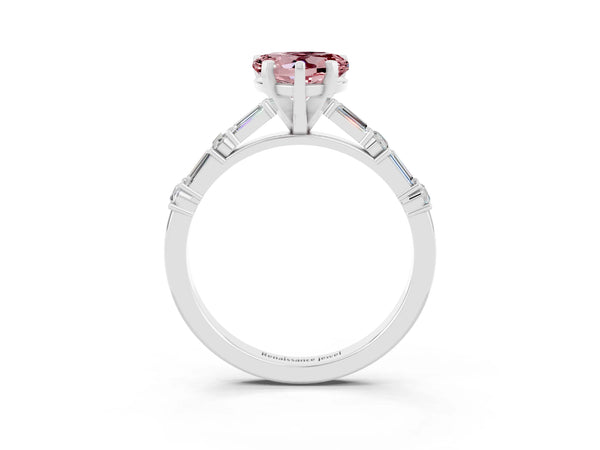 White gold Heart Cut Morganite Solitaire with Side Baguettes and Channel Set Band