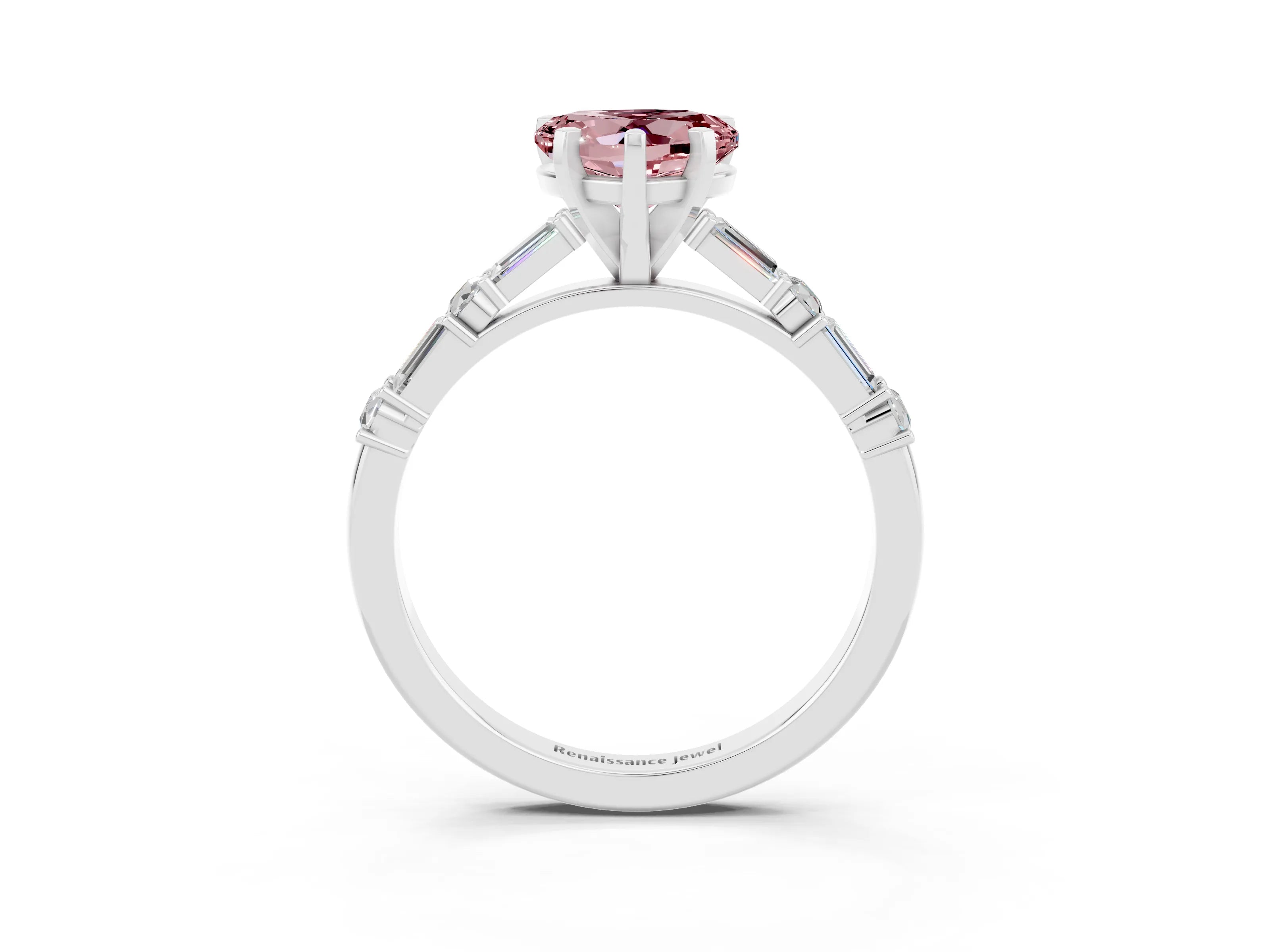 White gold Heart Cut Morganite Solitaire with Side Baguettes and Channel Set Band_3