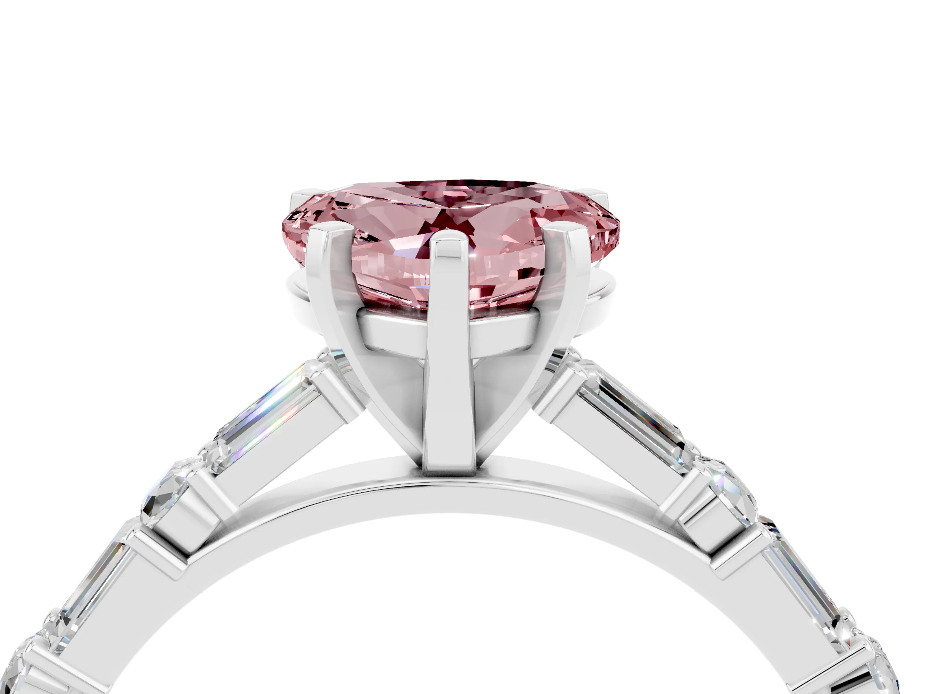 White gold Heart Cut Morganite Solitaire with Side Baguettes and Channel Set Band_4