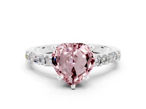 White gold Heart Cut Morganite Solitaire with Side Baguettes and Channel Set Band