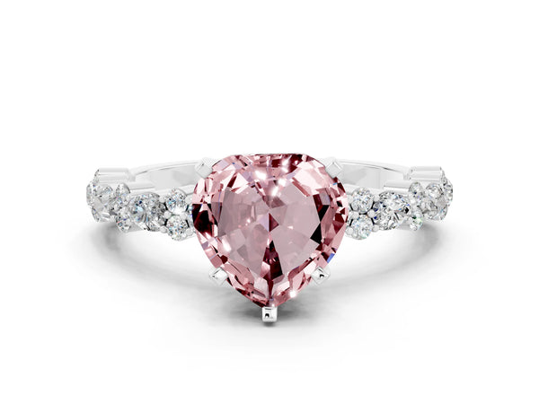 Silver Heart Cut Morganite Side Stone Solitaire Ring with Round  and Four-Prong Setting