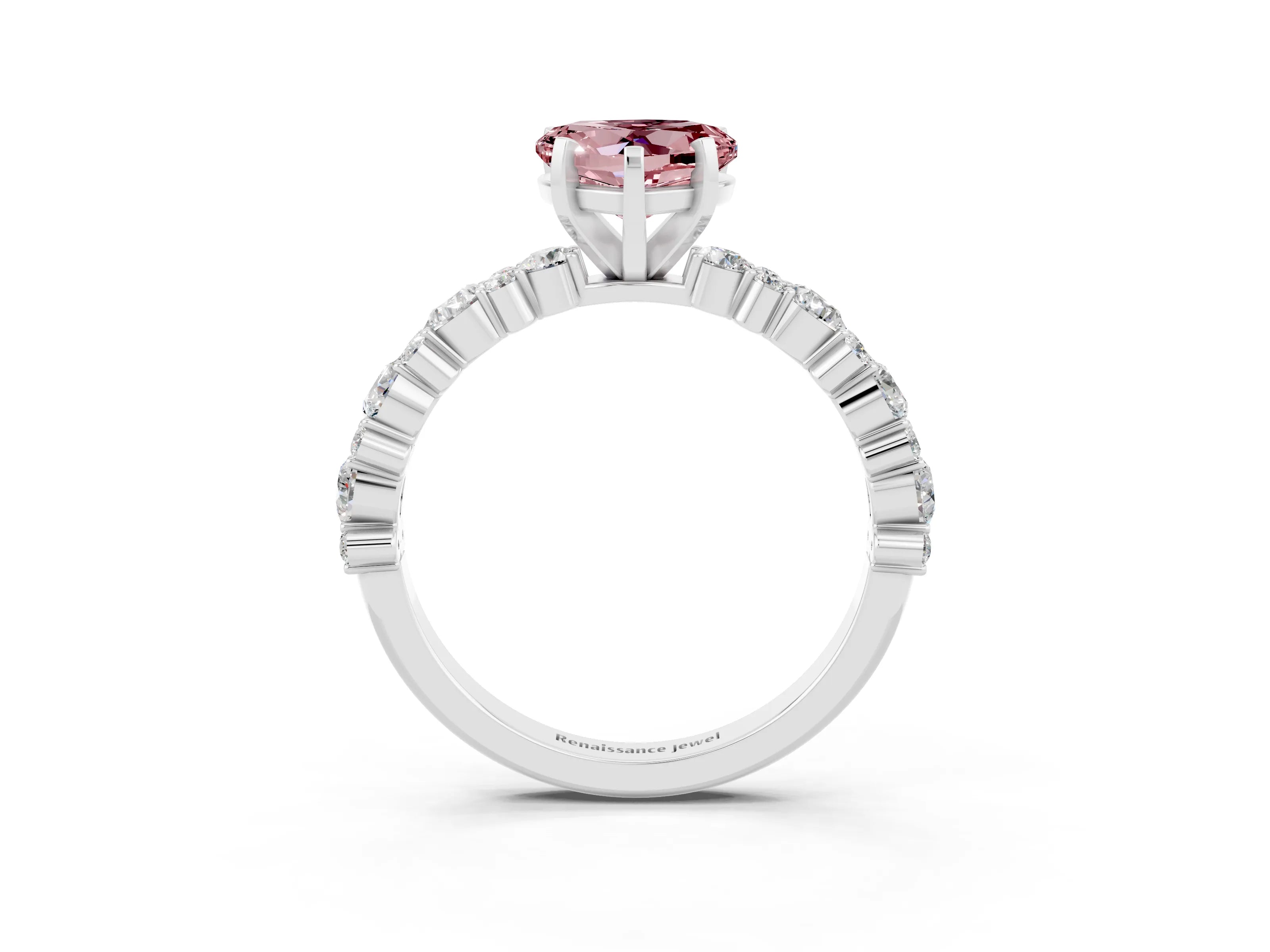 White gold Heart Cut Morganite Solitaire with Side Stones, Pave Band, Four-Prong Setting_27